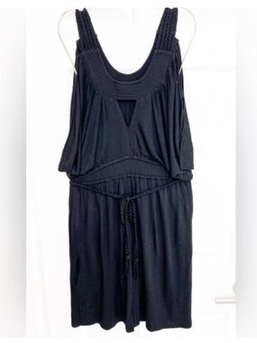 Grecian Style Black Jersey Dress w/ Draping and Waist Tie Rope